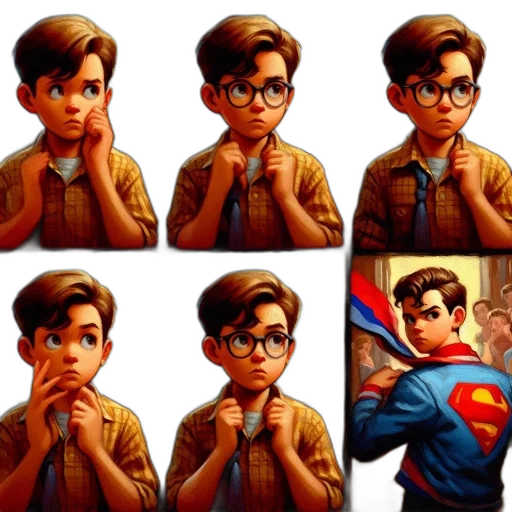 comic book art, concept art, cartoon, pixel art, collage, six, panels, shows transparent PNG cut-out