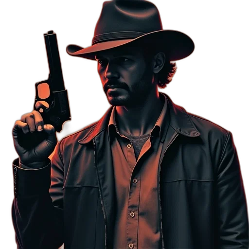 jacket, hat, weapon, staff, concept art, comic book art, photorealistic, pixel art transparent PNG cut-out