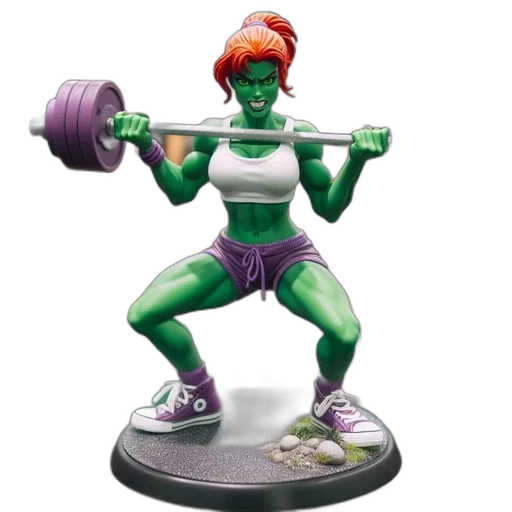 concept art, green-skinned, female, figurine, workout, gear, squats, barbells transparent PNG cut-out