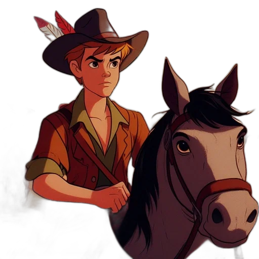 concept art, pixel art, cartoon, fantasy art, blonde-haired, man, gray, horse transparent PNG cut-out