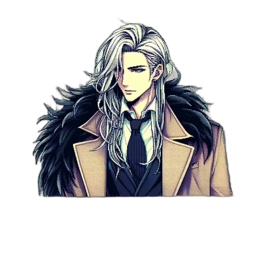 hair, jacket, staff, creature, pixel art, concept art, fantasy art, cartoon transparent PNG cut-out