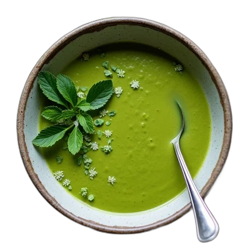 food, green, bowl, soup, spoon, inside, garnished, herbs transparent PNG cut-out