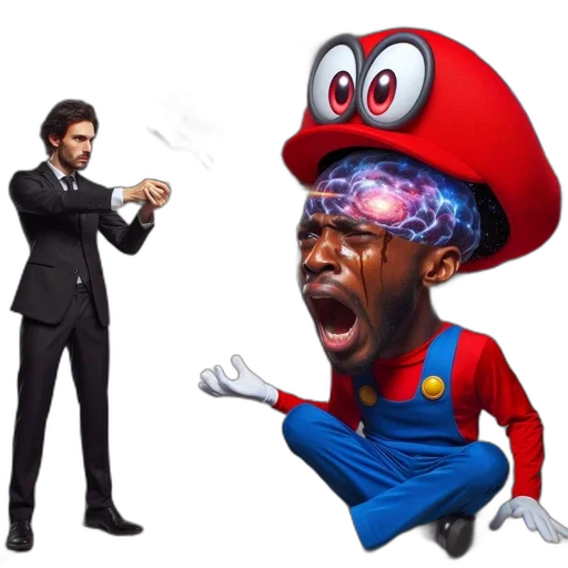 mask, concept art, man, suit, aims, gun, mario-like, figure transparent PNG cut-out