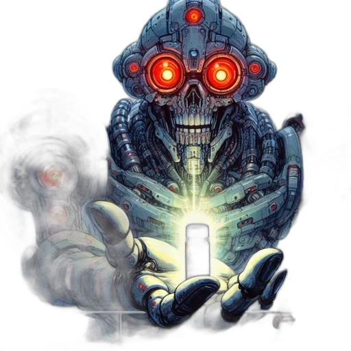 robot, staff, concept art, pixel art, comic book art, fantasy art, fire, outer space transparent PNG cut-out