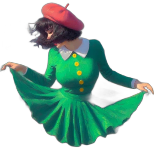 dress, hat, concept art, 3d render, fantasy art, cartoon, green, woman transparent PNG cut-out