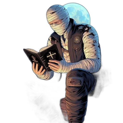 mask, jacket, staff, robot, concept art, comic book art, fantasy art, cyberpunk transparent PNG cut-out