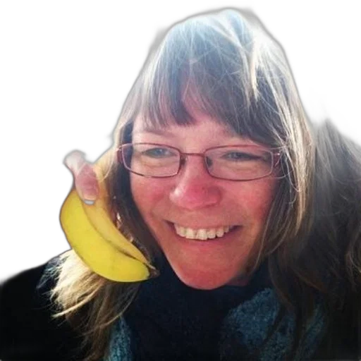 staff, woman, glasses, holds, banana, her, ear transparent PNG cut-out