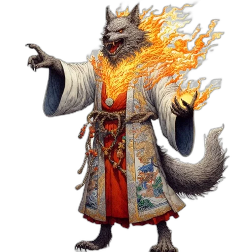 dragon, staff, fantasy art, concept art, pixel art, fire, anthropomorphic, wolf transparent PNG cut-out