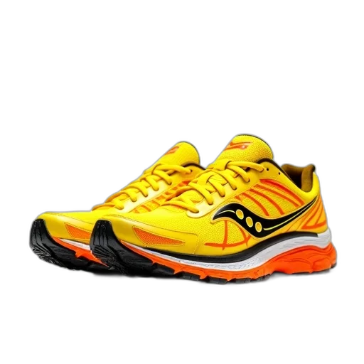 shoes, 3d render, photorealistic, pair, bright, yellow, running, orange transparent PNG cut-out