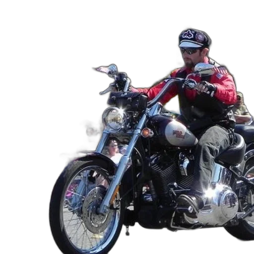photorealistic, man, red, jacket, rides, motorcycle, down, street transparent PNG cut-out