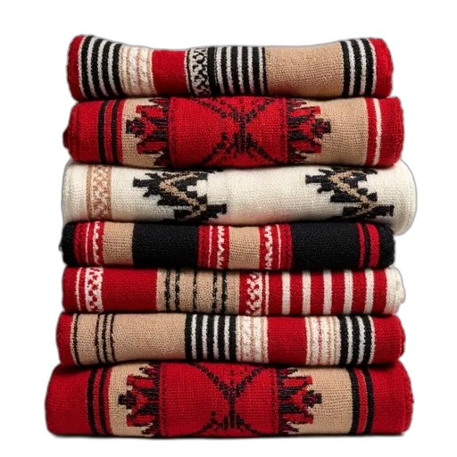 red, collection, colorful, woven, blankets, intricate, patterns, displayed transparent PNG cut-out