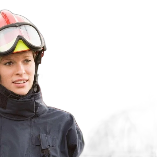 face, staff, firefighter, red, helmet, goggles, stands, next transparent PNG cut-out