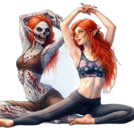concept art, fantasy art, comic book art, watercolor, fire, underwater, two, females transparent PNG cut-out