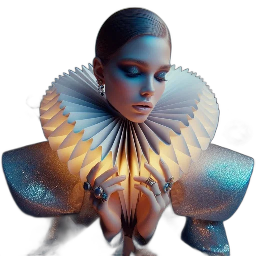 jewelry, dress, umbrella, robot, fantasy art, concept art, 3d render, photorealistic transparent PNG cut-out