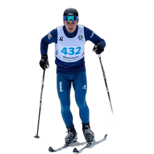 cross-country, skier, racing, down, snowy, trail, wearing, blue transparent PNG cut-out