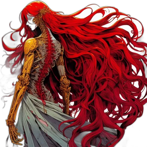 hair, dress, comic book art, concept art, fantasy art, pixel art, red, golden transparent PNG cut-out