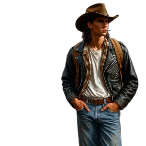 jacket, hat, photorealistic, concept art, comic book art, oil painting, cowboy-clad, man transparent PNG cut-out