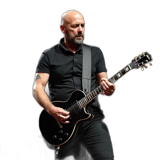 musician, beard, bald, head, playing, guitar, stage, wearing transparent PNG cut-out