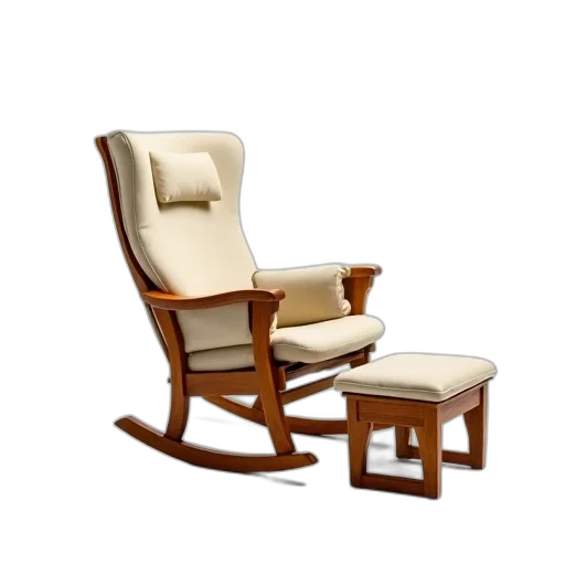 furniture, 3d render, photorealistic, wooden, rocking, chair, beige, cushioned transparent PNG cut-out