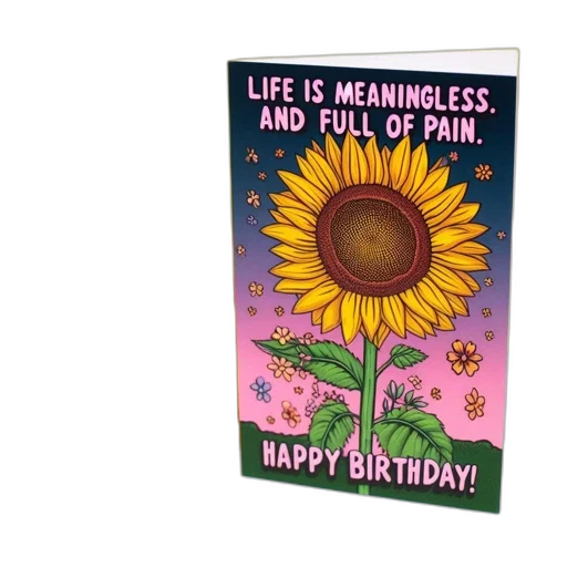 vivid, birthday, card, features, sunflower, contrastingly, somber-humorous, text transparent PNG cut-out
