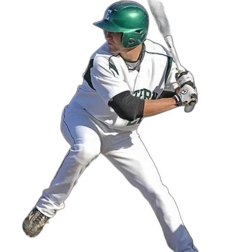 staff, baseball, player, white, uniform, green, accents, swinging transparent PNG cut-out