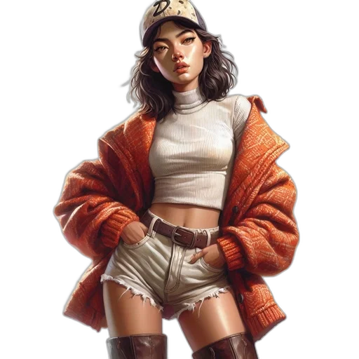 jacket, dress, hat, concept art, cyberpunk, fantasy art, photorealistic, earth tones transparent PNG cut-out