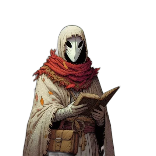 mask, staff, face, jacket, concept art, fantasy art, comic book art, pixel art transparent PNG cut-out