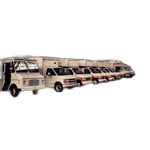 3d render, concept art, row, white, trucks, parked, large, warehouse transparent PNG cut-out