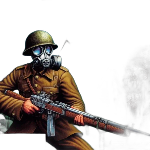 weapon, mask, concept art, comic book art, photorealistic, pixel art, fog, box transparent PNG cut-out