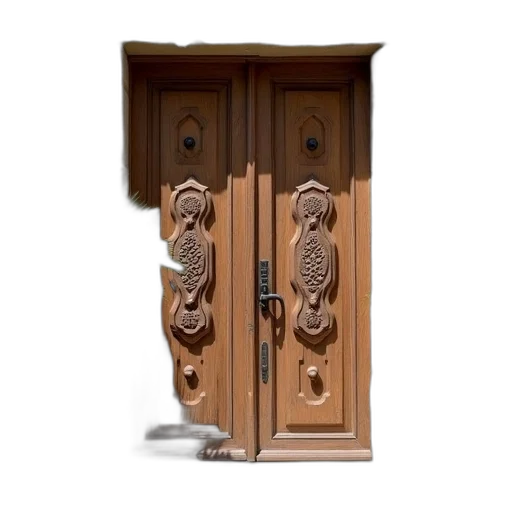 furniture, 3d render, rustic, wooden, door, intricate, carvings, metal transparent PNG cut-out