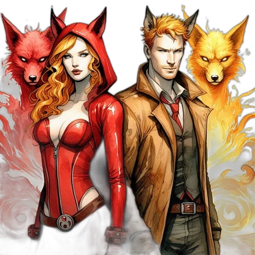 comic book art, concept art, fantasy art, red, two, anthropomorphic, fox, characters transparent PNG cut-out