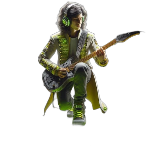 jacket, concept art, 3d render, comic book art, fantasy art, green, electric, guitarist transparent PNG cut-out