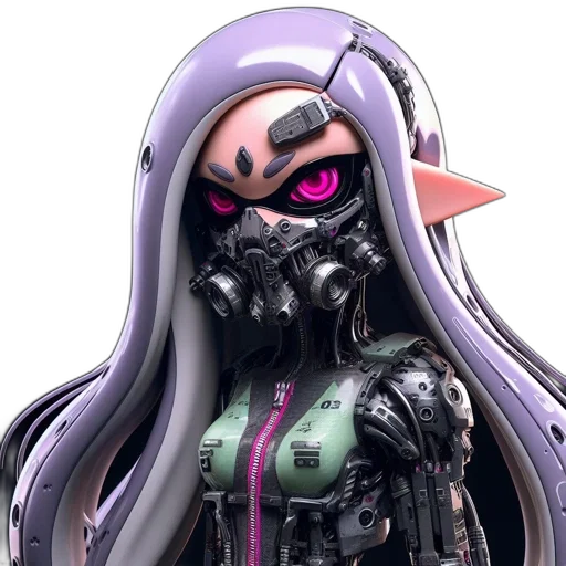 mask, robot, weapon, dress, concept art, 3d render, cyberpunk, vaporwave transparent PNG cut-out