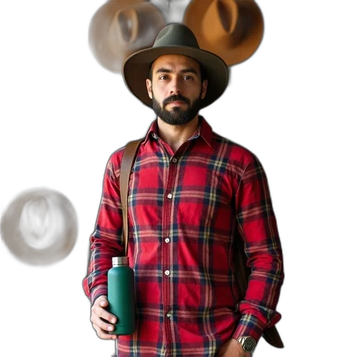 hat, staff, jacket, bottle, concept art, photorealistic, 3d render, oil painting transparent PNG cut-out
