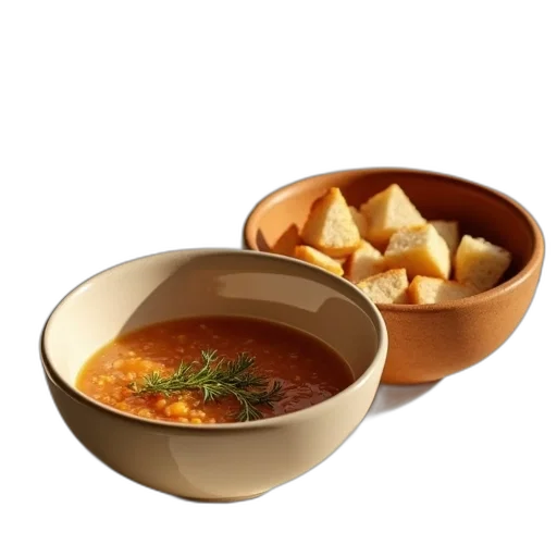 food, photorealistic, 3d render, bowl, cup, liquid, next, bread transparent PNG cut-out