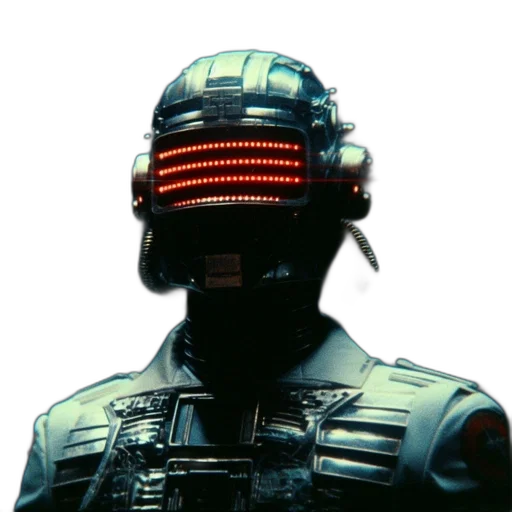 robot, mask, face, staff, cyberpunk, 3d render, concept art, vaporwave transparent PNG cut-out