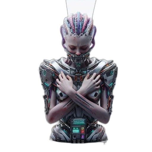 robot, creature, staff, cyberpunk, vaporwave, concept art, 3d render, outer space transparent PNG cut-out