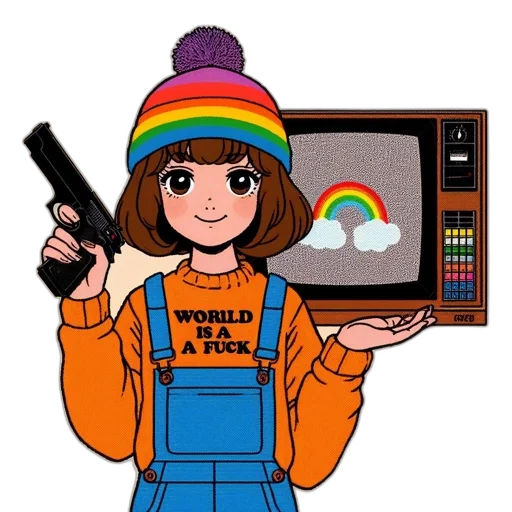 weapon, staff, hat, jacket, cartoon, pixel art, vaporwave, anime transparent PNG cut-out