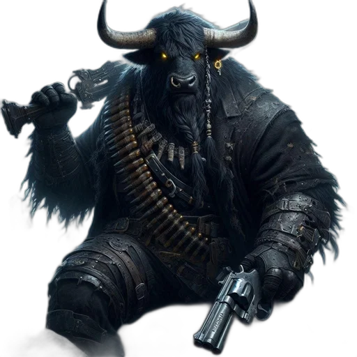 weapon, animal, concept art, fantasy art, photorealistic, anthropomorphic, bull, figure transparent PNG cut-out