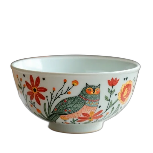 photorealistic, white, ceramic, bowl, colorful, floral, animal, design transparent PNG cut-out