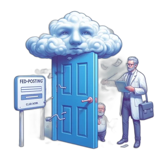 odd, scene, humanoid, cloud, floats, near, blue, door transparent PNG cut-out