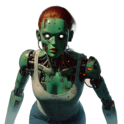 robot, face, concept art, cyberpunk, 3d render, photorealistic, green, antiquated-looking transparent PNG cut-out