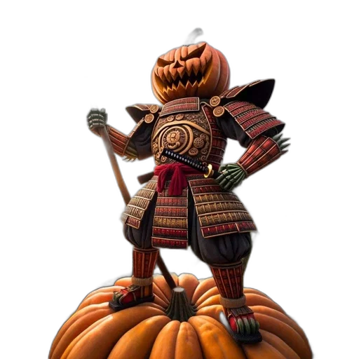 robot, staff, mask, 3d render, concept art, fantasy art, elaborate, pumpkin transparent PNG cut-out