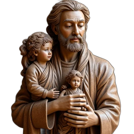 photorealistic, detailed, wooden, carving, man, holding, child, small transparent PNG cut-out
