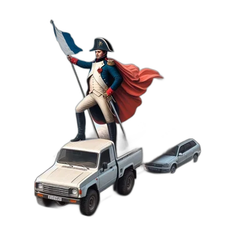 car, concept art, 3d render, man, napoleonic, uniform, stands, atop transparent PNG cut-out