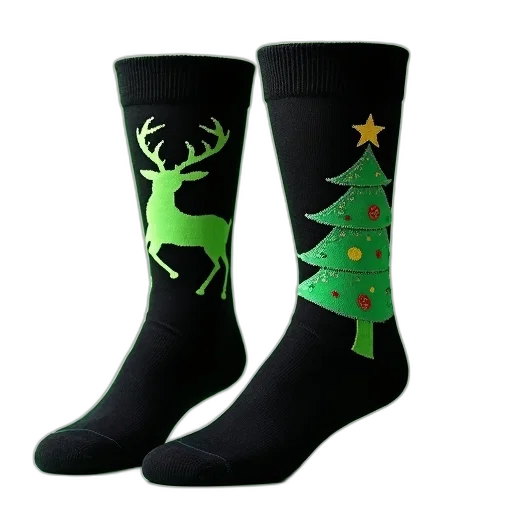 pair, black, socks, green, reindeer, pattern, left, sock transparent PNG cut-out