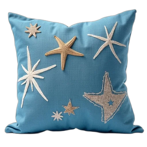 3d render, blue, pillow, variety, embroidered, designs, including, starfish transparent PNG cut-out