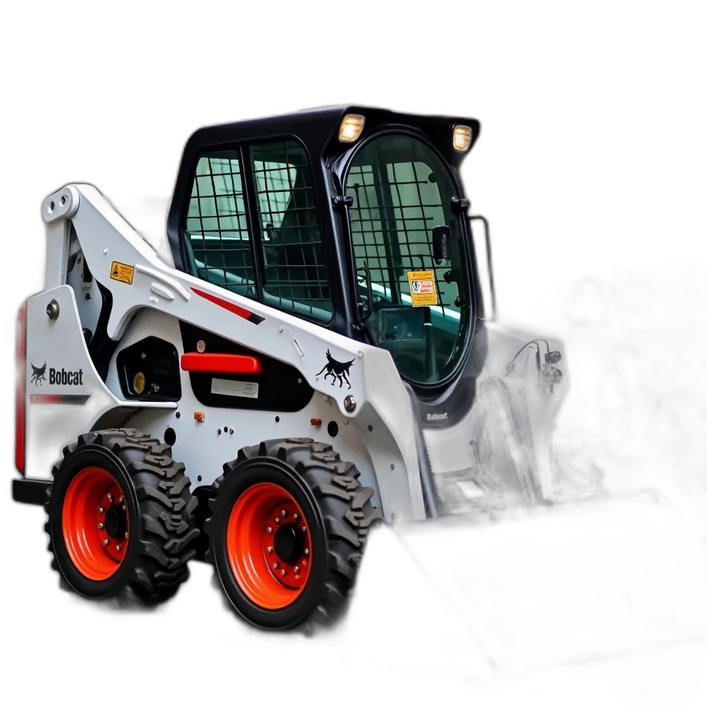 3d render, white, bobcat, skid-steer, loader, parked, city, street transparent PNG cut-out