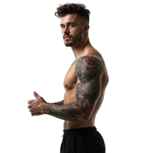 hair, staff, man, tattoo, his, arm, standing, front transparent PNG cut-out