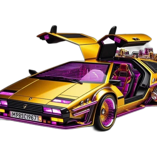 car, concept art, 3d render, cyberpunk, vaporwave, gold, retro-futuristic, butterfly transparent PNG cut-out